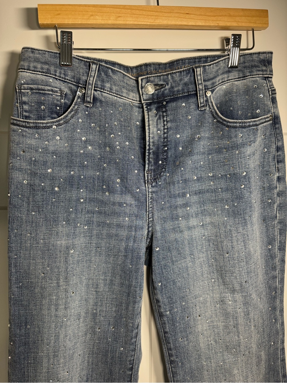 Chico’s So Slimming Girlfriend Jeans with Rhinestone Embellishments, US Size 8R - Picture 10 of 11